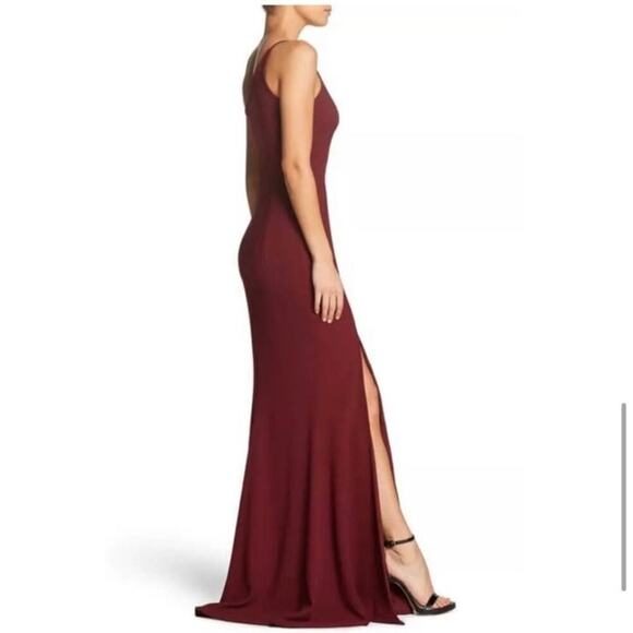 Dress The Population maroon Amy one shoulder crepe gown bridesmaid side slit M - Picture 2 of 13